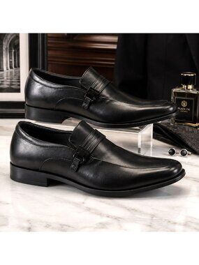 Perry Ellis Mens Size 9 Dress Shoes Black Vegan Leather Slip-On Loafers Buckle